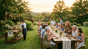 Outdoor family dinner party under string lights