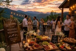 Wedding welcome party at a Smoky Mountain cabin featuring catered charcuterie, mountain views, and guests enjoying a relaxed wedding weekend gathering.